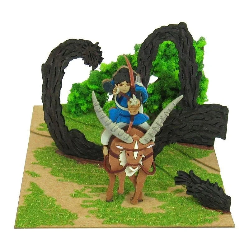 Prinzessin Mononoke Figur von Ashitaka auf Yakul mit Bogen vor schwarzem Dämonenfluch