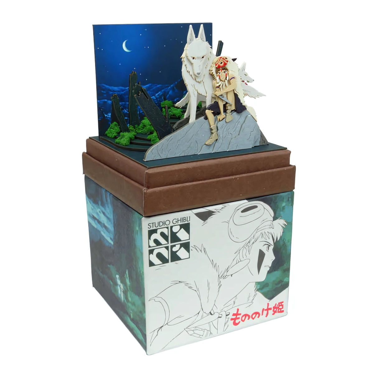 Prinzessin Mononoke Diorama mit San und Wölfen auf einem Felsen vor einer Nachthimmelkulisse