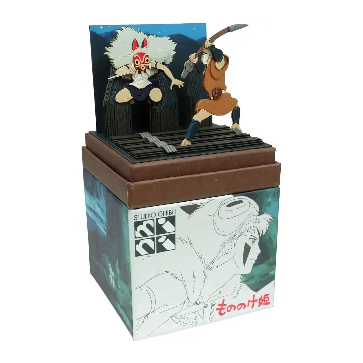 Prinzessin Mononoke und Ashitaka Figuren auf einer Box mit Studio Ghibli Logo