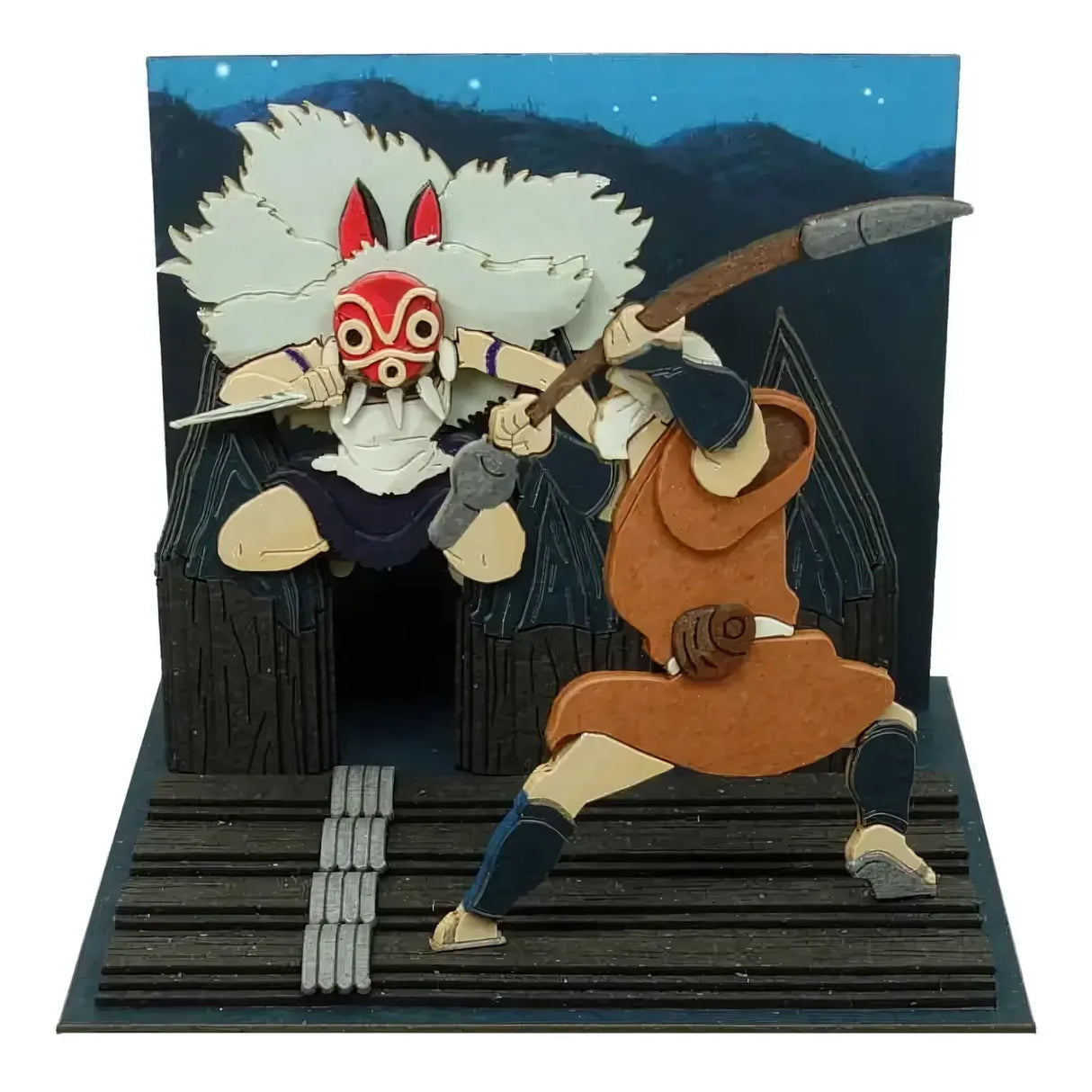 Prinzessin Mononoke und Ashitaka im Kampf, 3D-Holzmodell