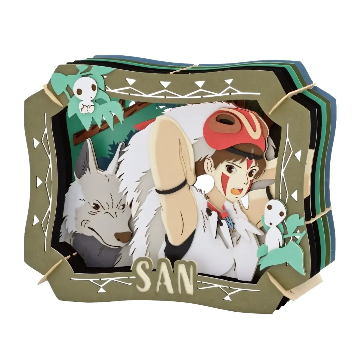 Prinzessin Mononoke San mit Wolf und Kodamas in einem mehrschichtigen 3D-Kunstwerk