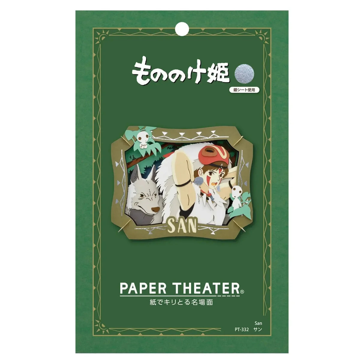 Paper Theater Bausatz mit Prinzessin Mononoke, einem Wolf und Kodamas in einem Waldrahmen