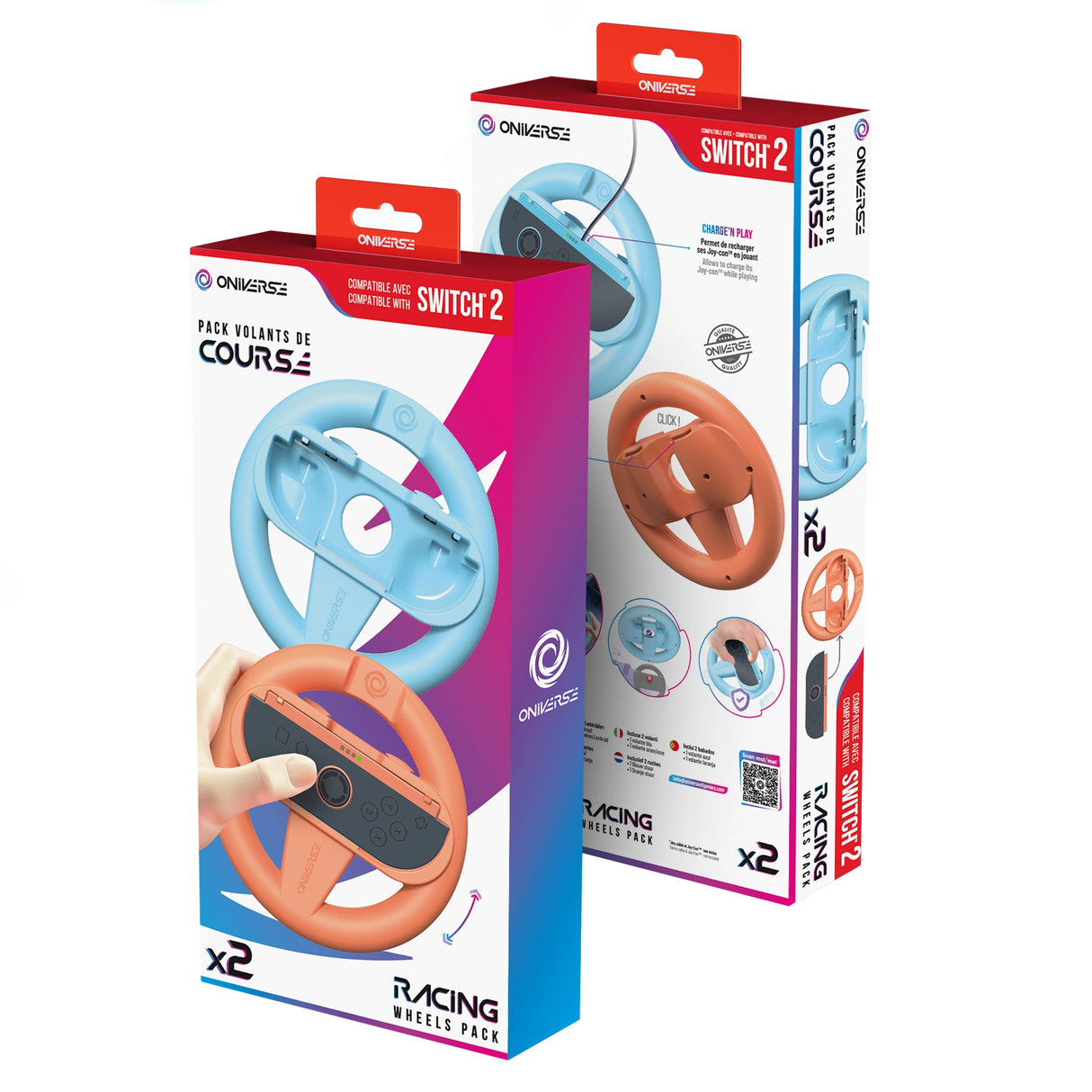 Zwei Oniverse Racing Wheels Pack-Boxen für Switch 2