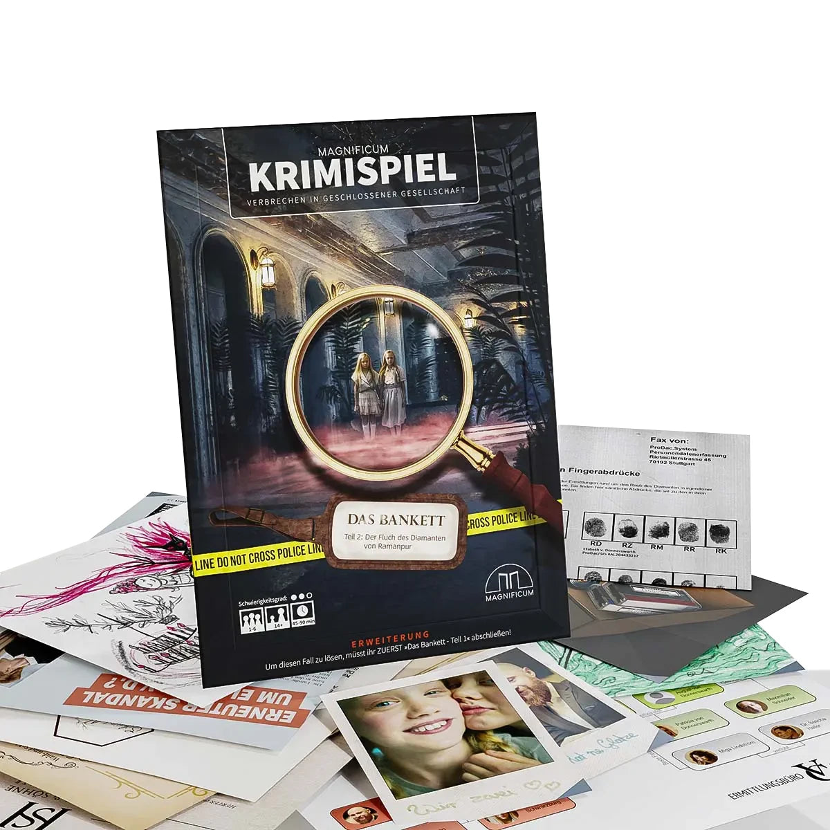 Krimispiel Magnificum Das Bankett mit Lupe und zwei Mädchen, umgeben von Spielmaterialien