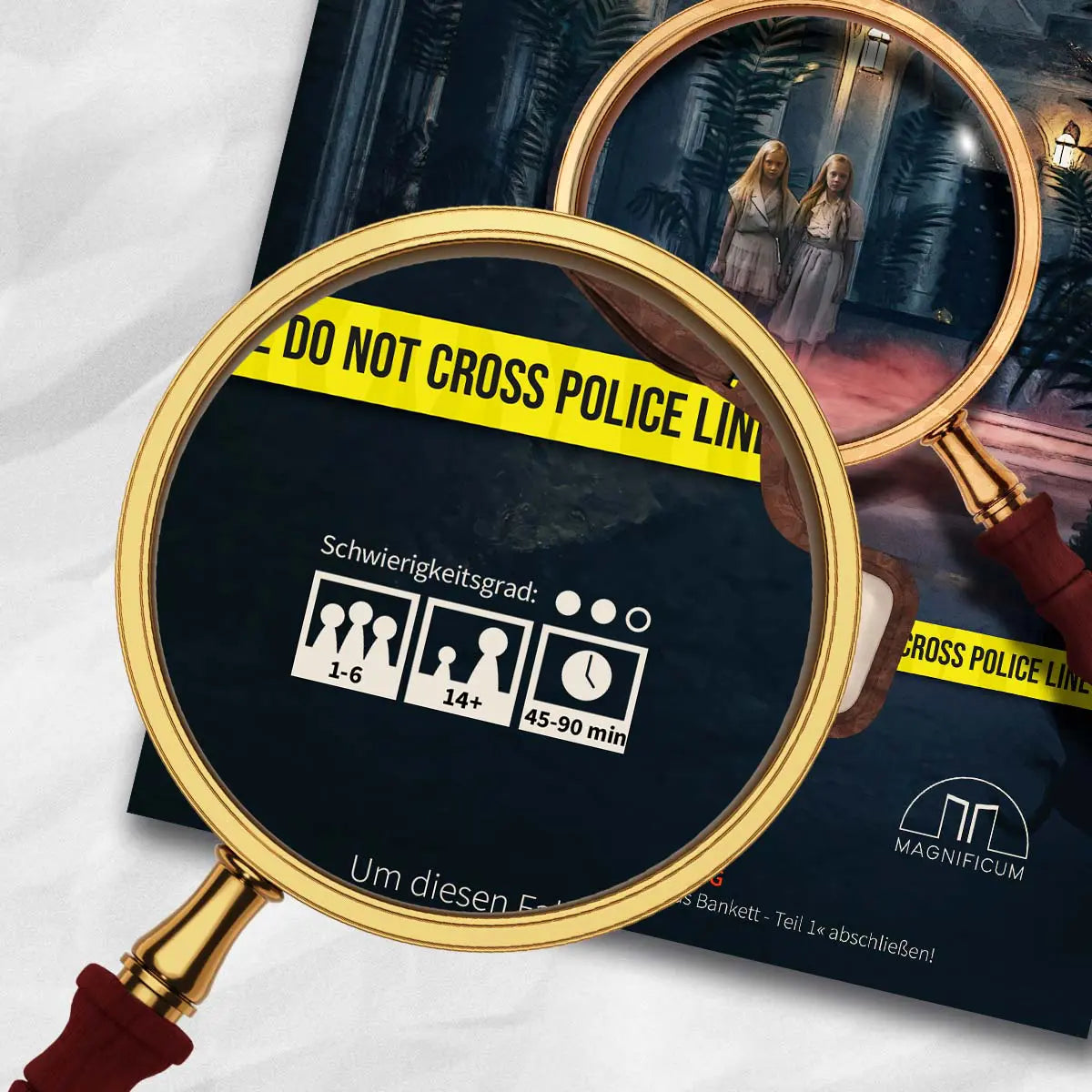 Zwei Lupen auf einem Escape-Game-Cover mit Polizeiband und Spielinformationen