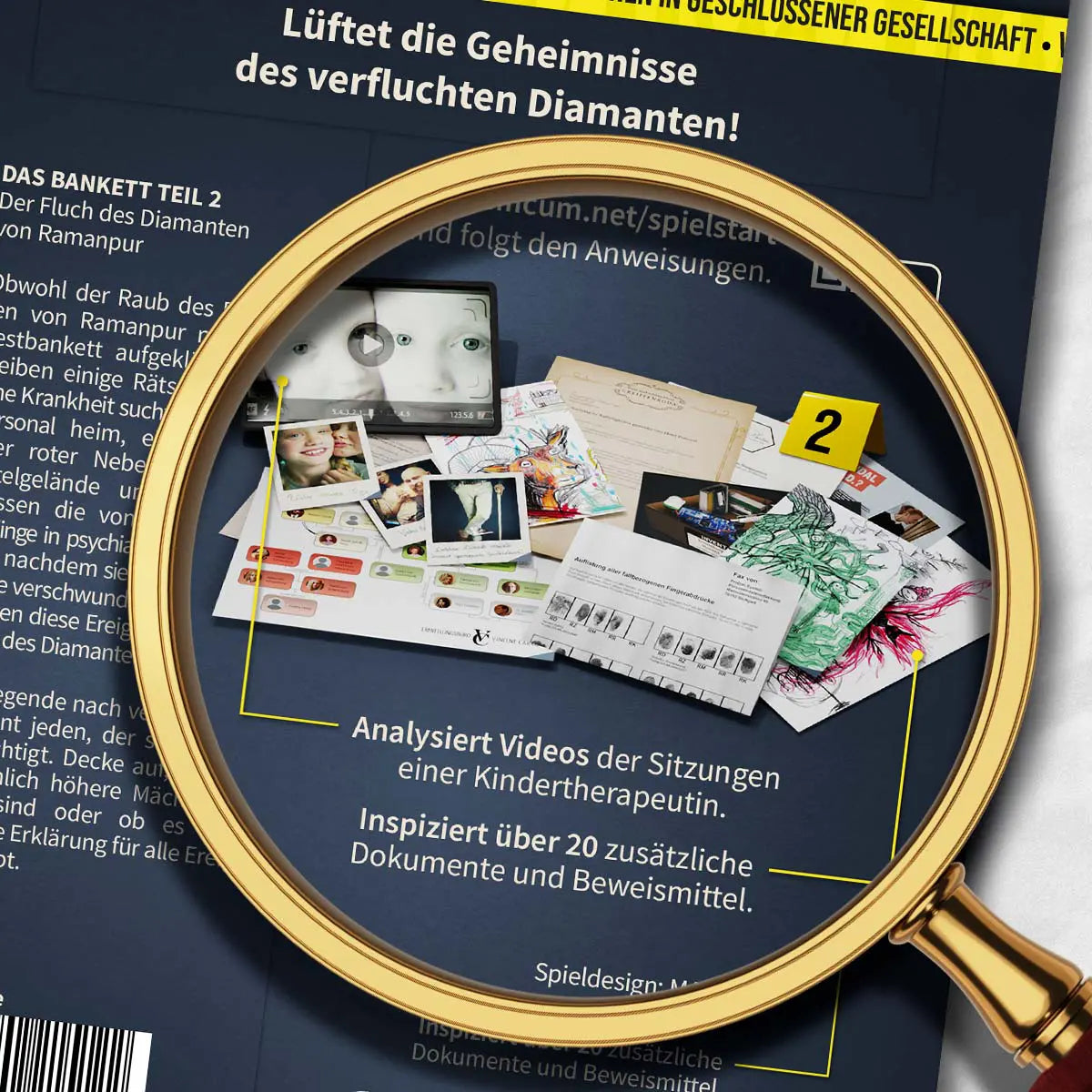 Lupe über Dokumenten und Bildern mit Text: Lüftet die Geheimnisse des verfluchten Diamanten