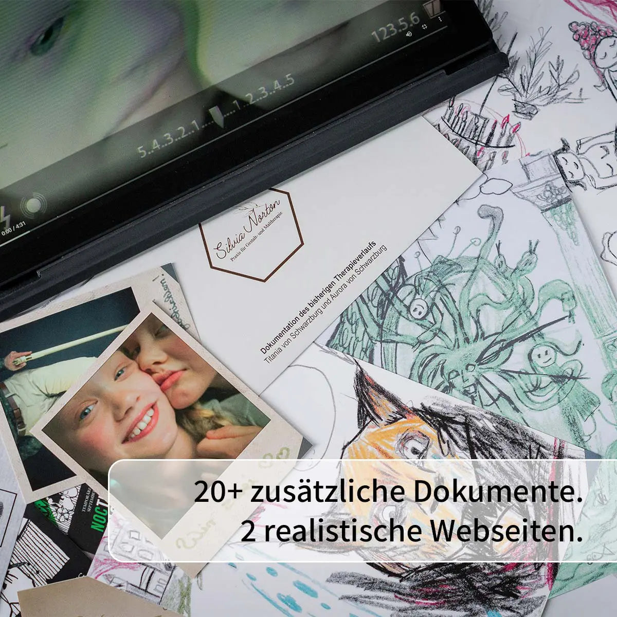 Nahaufnahme von Dokumenten, Zeichnungen und einem Tablet-Bildschirm mit einer Zeitleiste