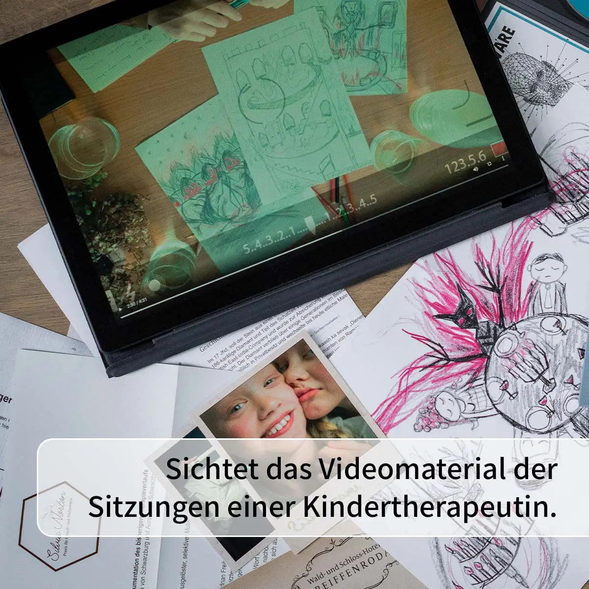 Tablet zeigt Kinderzeichnungen, umgeben von Notizen und weiteren Zeichnungen