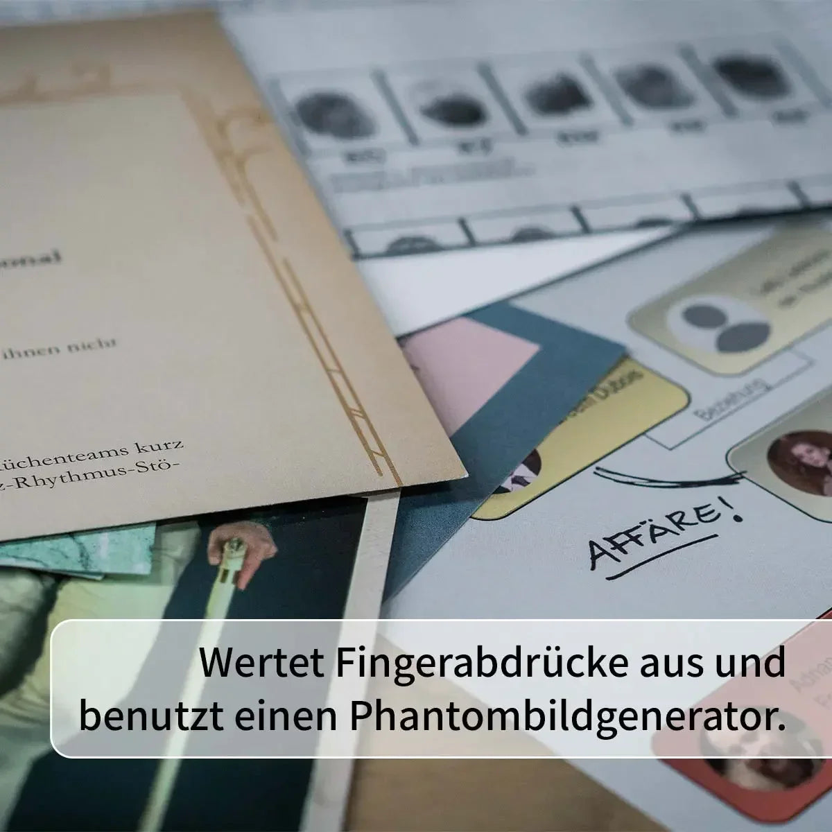 Nahaufnahme von Dokumenten mit Fingerabdrücken und dem Wort Affäre
