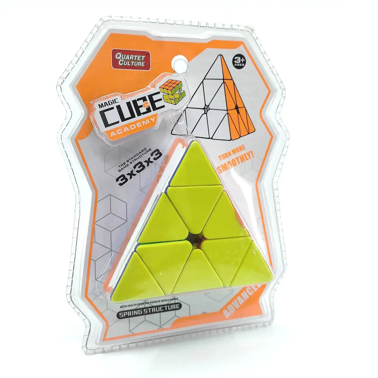 Gelber Pyramiden Zauberwürfel in einer Kunststoffverpackung