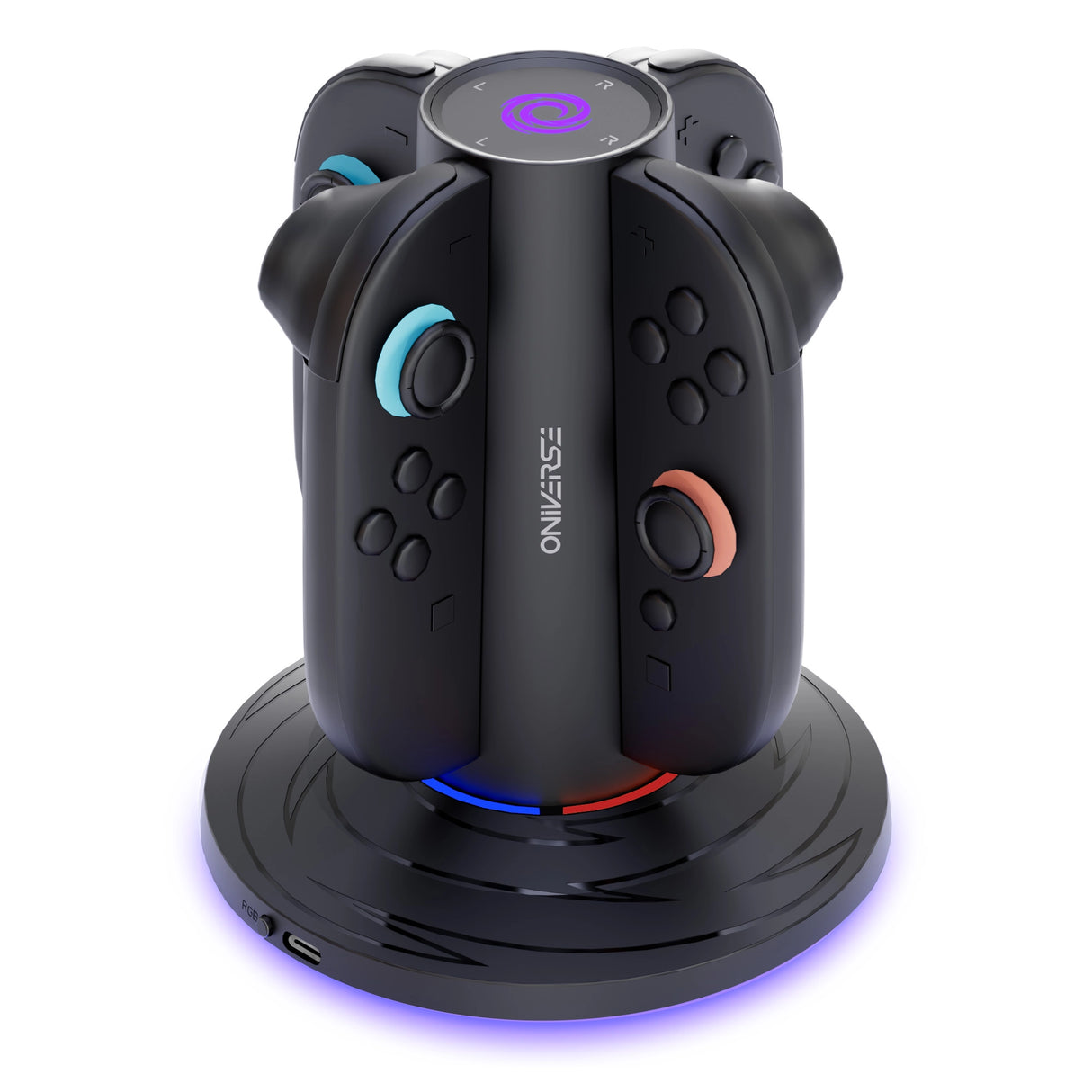 Oniverse VR-Controller-Ladestation mit vier Controllern, die in der Ladestation stecken