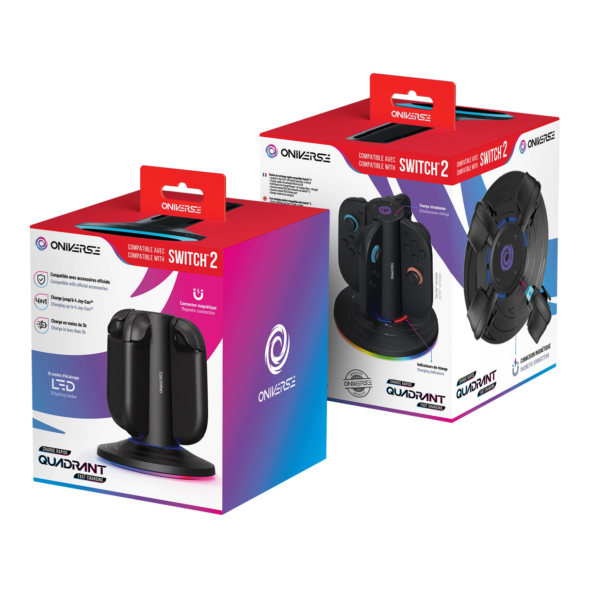 Zwei Oniverse Quadrant Ladestationen für Switch 2 in Verpackung