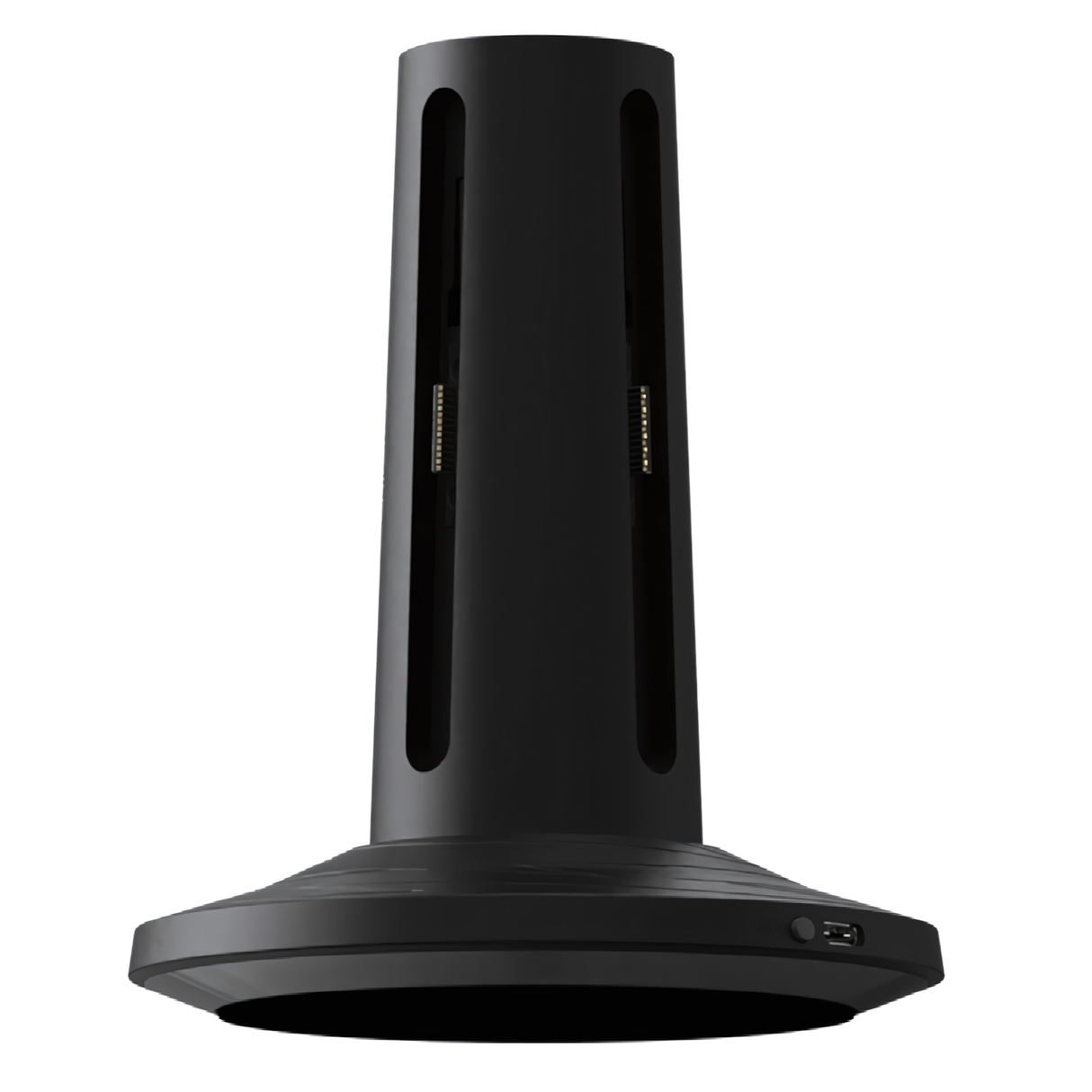 Schwarze Ladestation mit zwei vertikalen Schlitzen und einem USB-Anschluss an der Basis