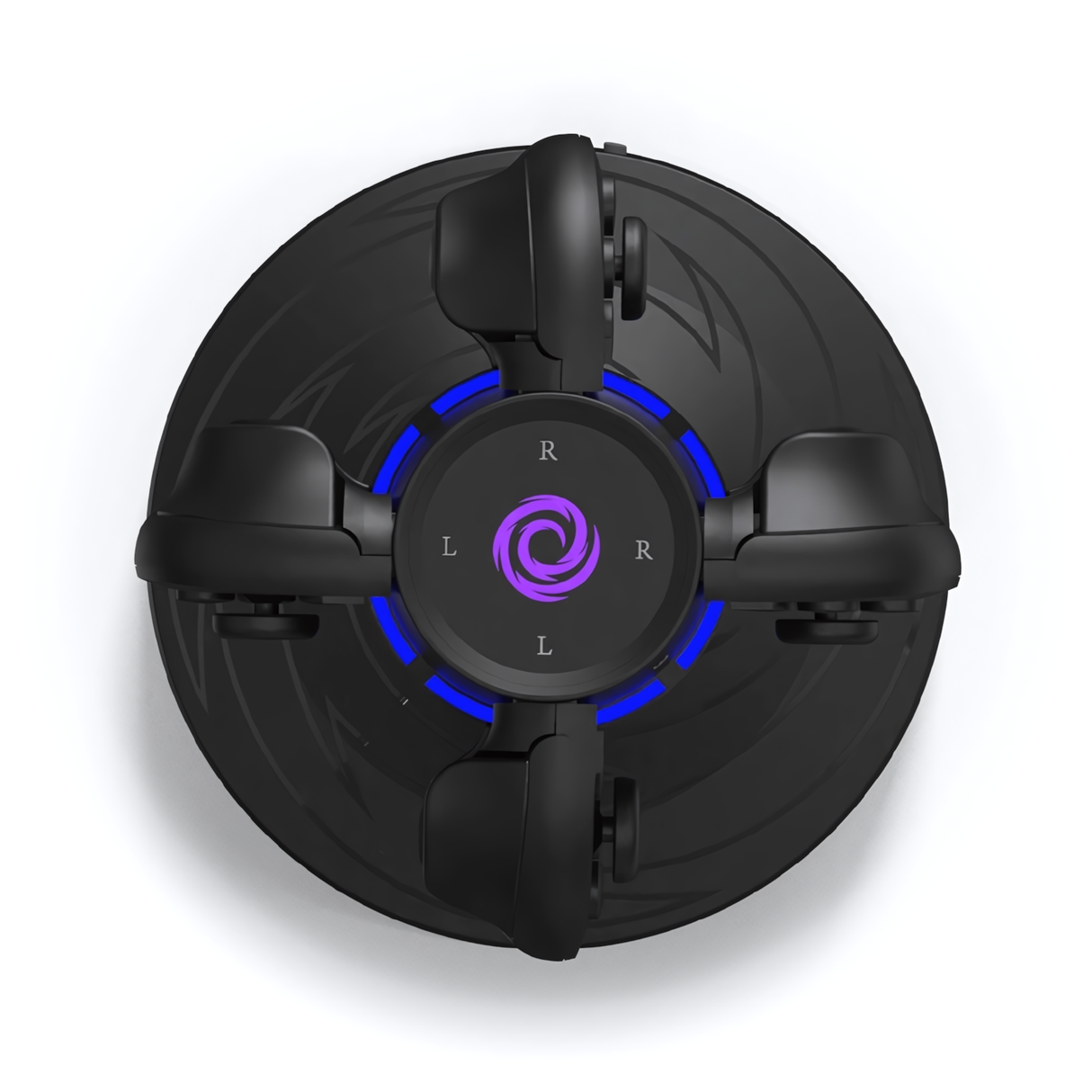 Schwarzer Gaming-Controller mit vier Griffen und lila und blauen Lichtern
