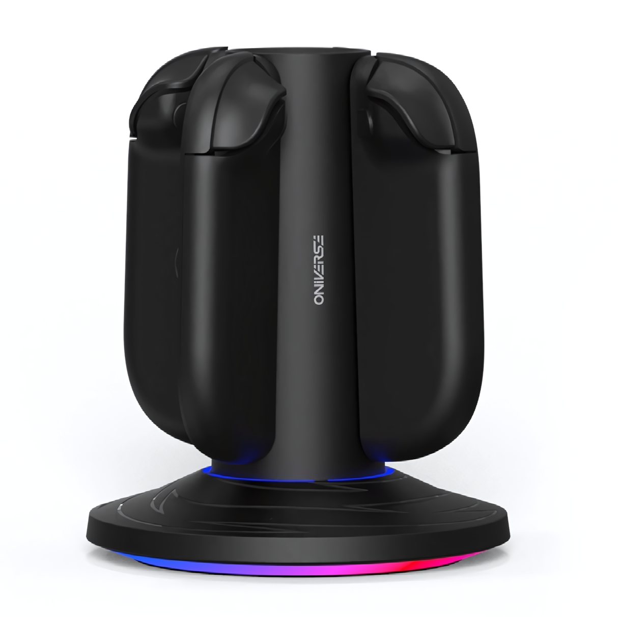 Schwarze Ladestation mit vier Mäusen und RGB-Beleuchtung an der Basis