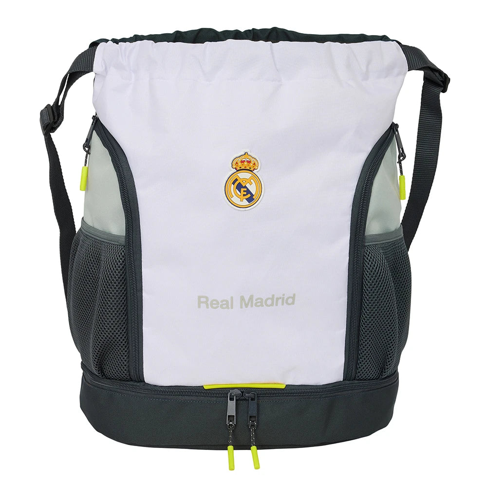 Real Madrid Turnbeutel in Weiß und Grau mit gelben Akzenten und Vereinswappen