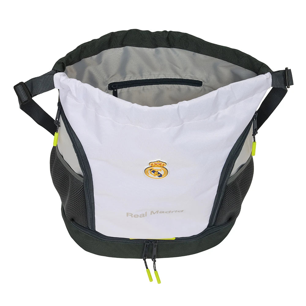 Real Madrid Sporttasche mit Kordelzug, weiß und dunkelgrau, mit gelben Reißverschlüssen und Logo