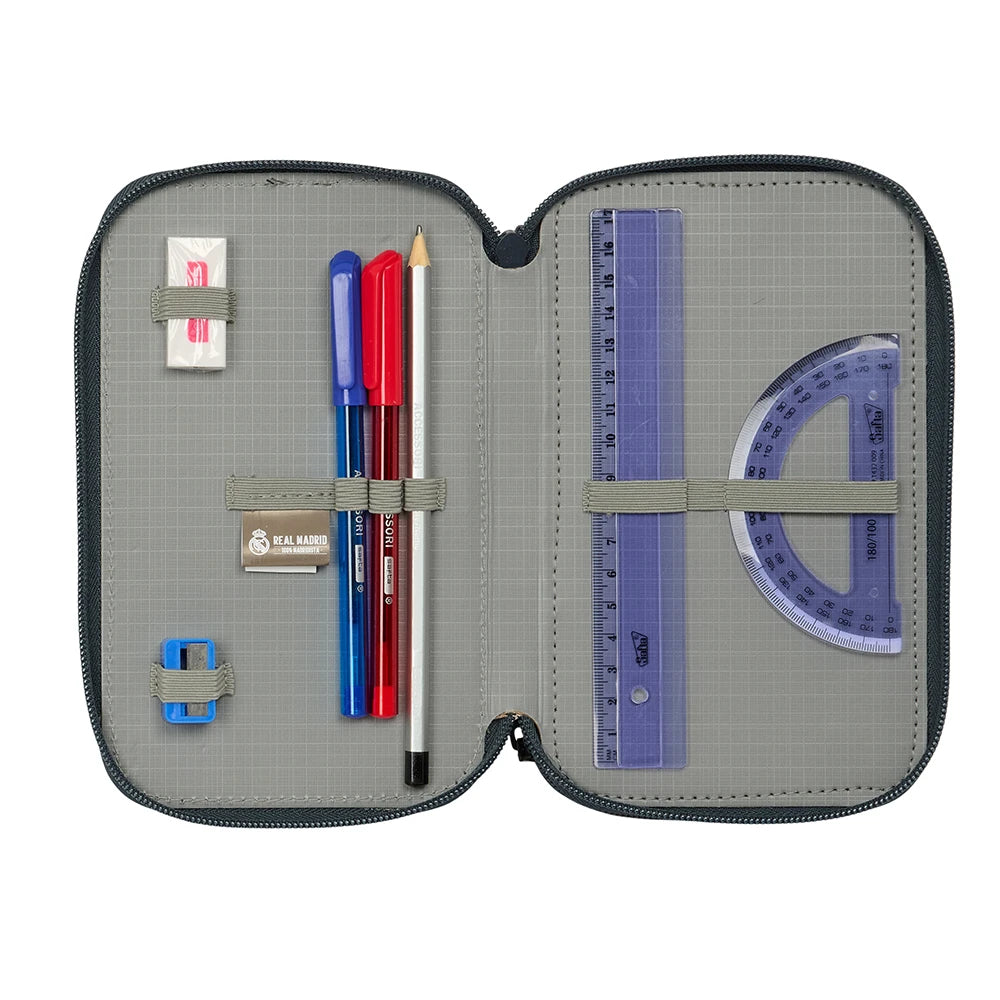 Offenes Federmäppchen mit Stiften, Bleistift, Radiergummi, Lineal und Winkelmesser
