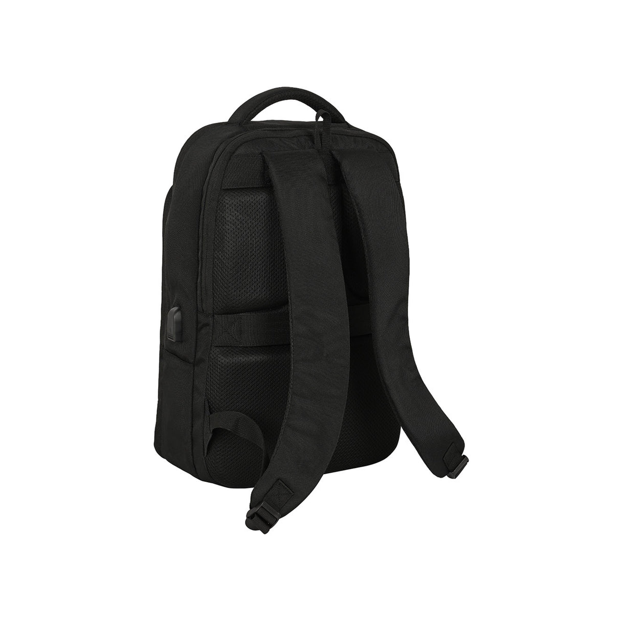 Schwarzer Rucksack von hinten mit gepolsterten Tragegurten und USB Anschluss