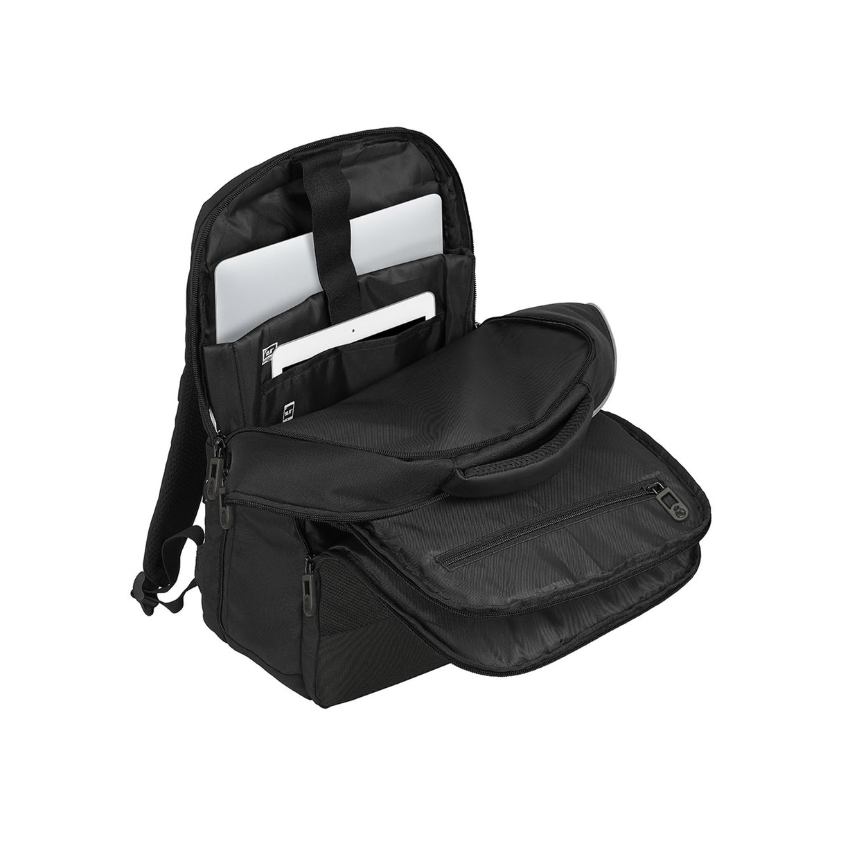Offener schwarzer Rucksack mit Laptop und Tablet in den Innenfächern