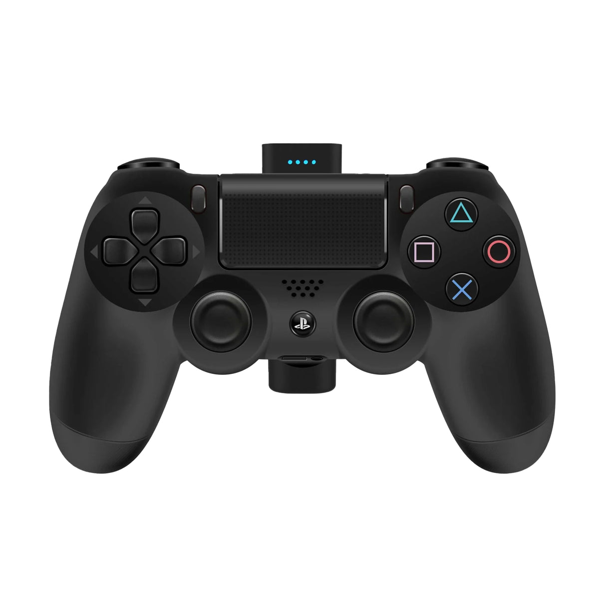 Schwarzer PlayStation 4 Controller mit aufgestecktem Zubehörteil