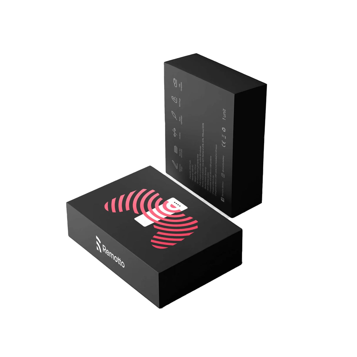 Zwei schwarze Produktverpackungen mit Remotto Logo und technischen Spezifikationen