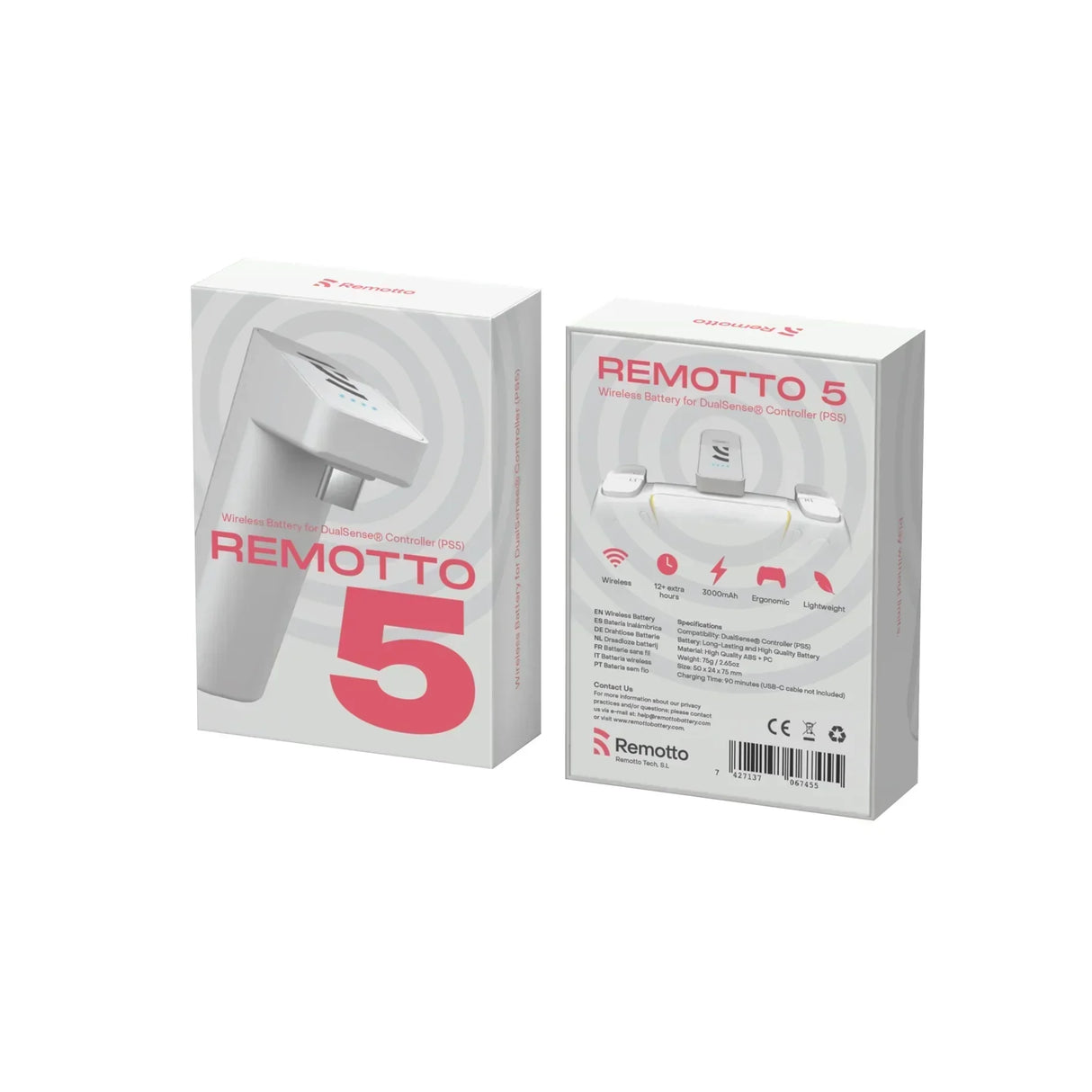 Zwei Produktverpackungen des kabellosen Akkus Remotto 5 für PS5 Controller