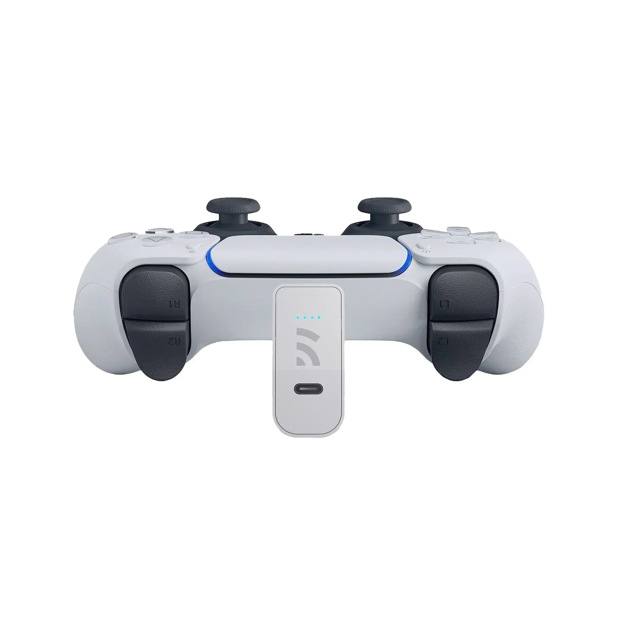Weißer Controller mit angeschlossenem Akku-Pack an der Rückseite