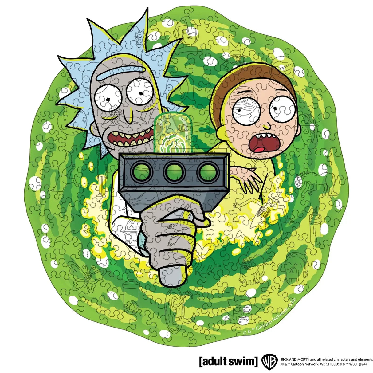 Rick und Morty Puzzle mit Rick, der eine Waffe hält, und Morty, der erschrocken aussieht, umgeben von einem grünen Portal
