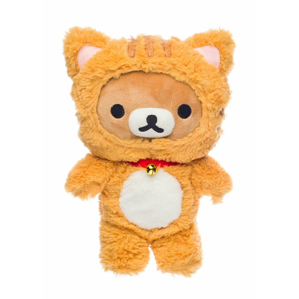 Rilakkuma Plüschtier im orangefarbenen Katzenkostüm mit rotem Halsband und goldener Glocke