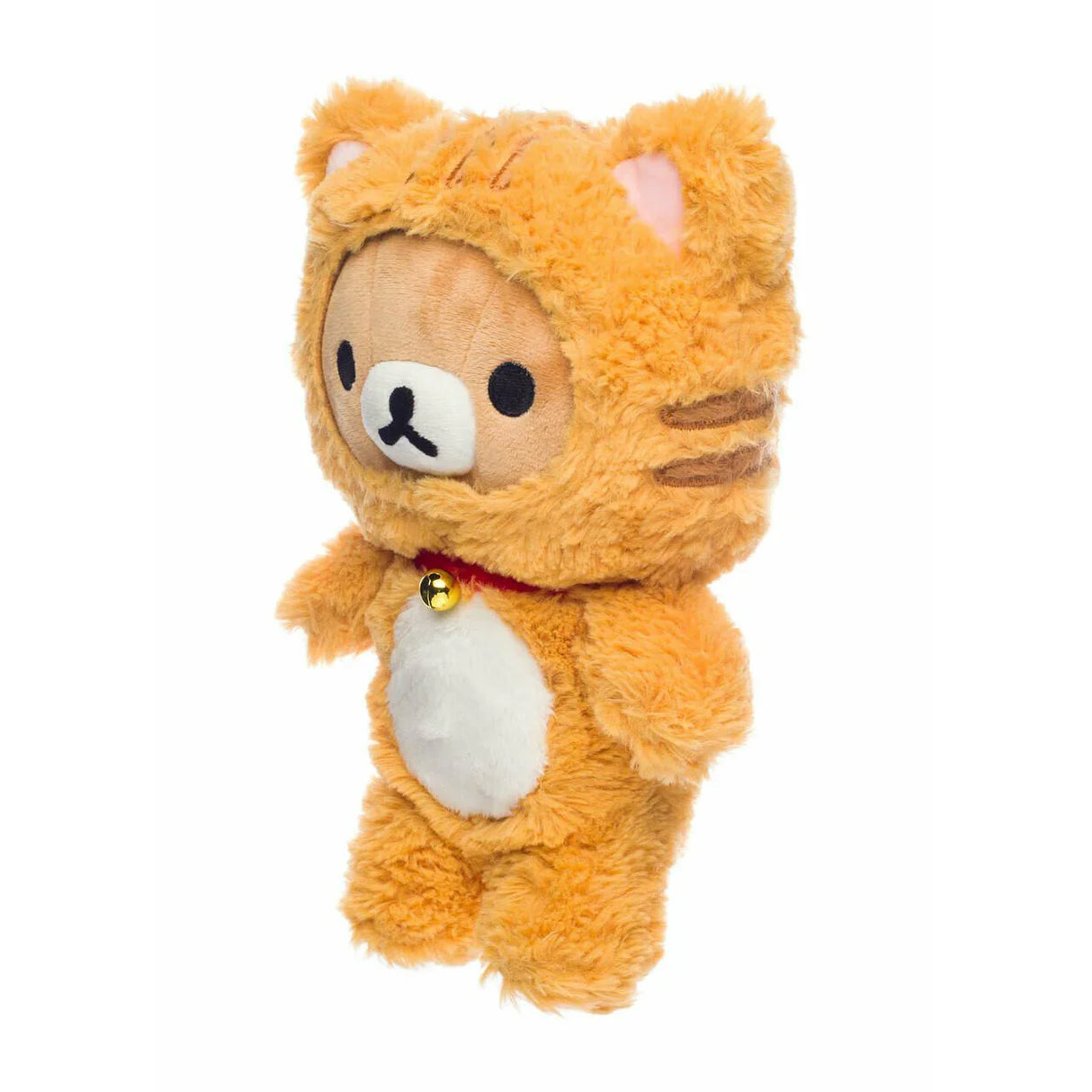 Rilakkuma Plüschtier im Tigerkostüm mit rotem Halsband und goldener Glocke