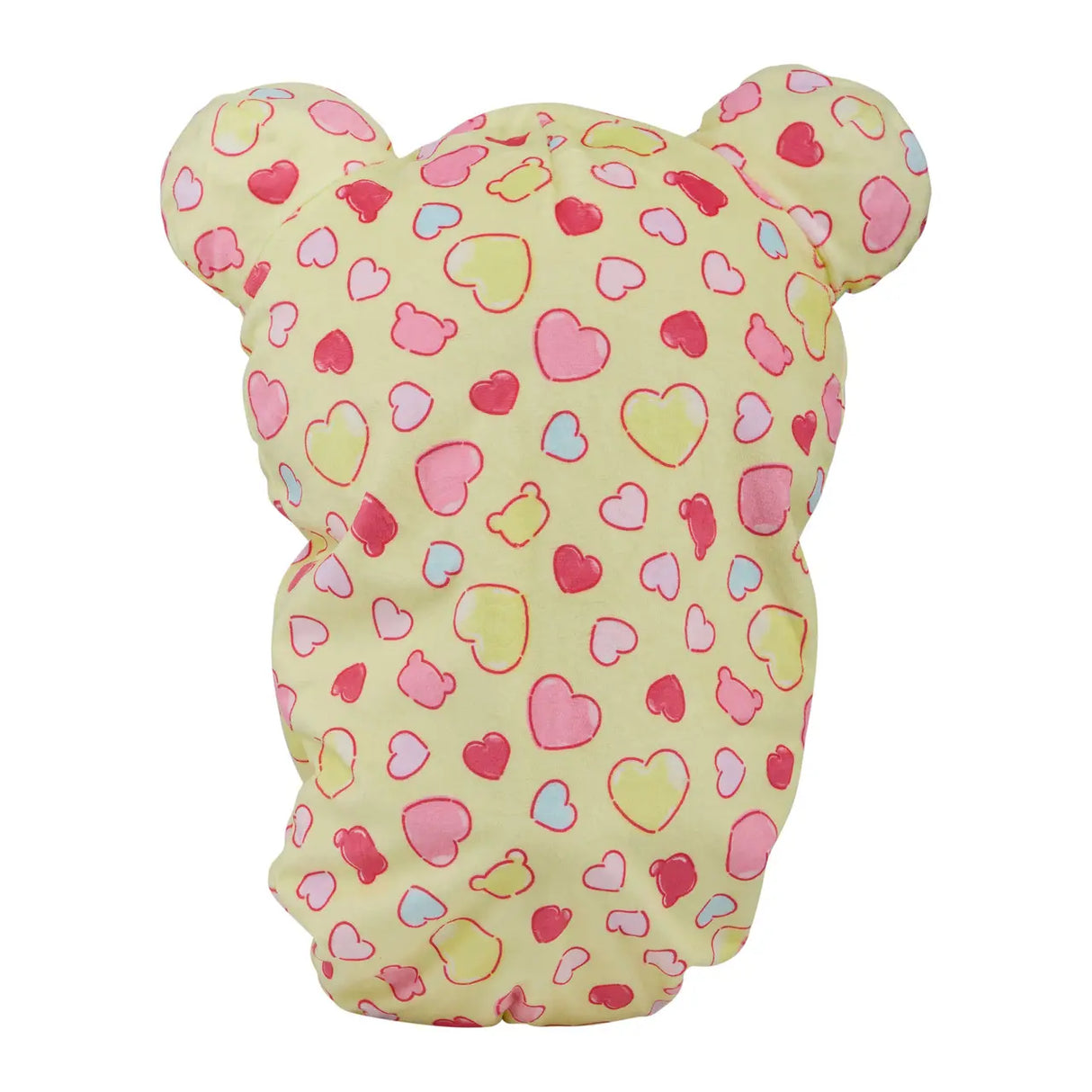 Gelbes Kissen in Bärenform mit rosa, roten und blauen Herzen