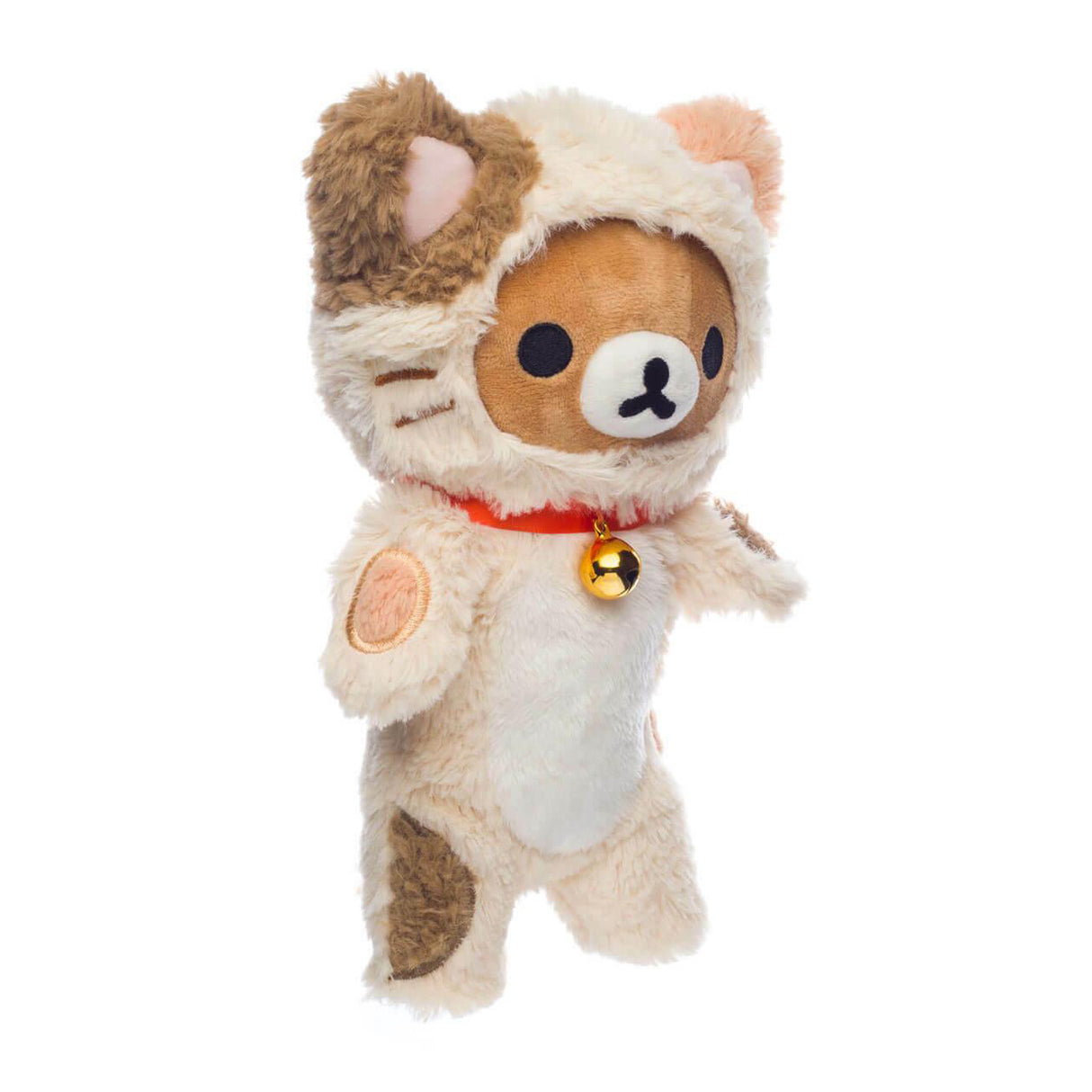 Rilakkuma Plüschtier im Katzenkostüm mit rotem Halsband und goldener Glocke
