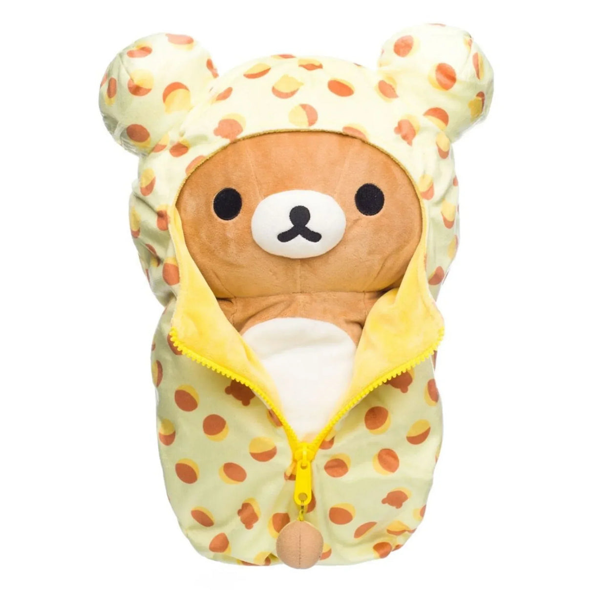 Brauner Rilakkuma Plueschbaer in einem gelben Schlafsack mit braunen Punkten