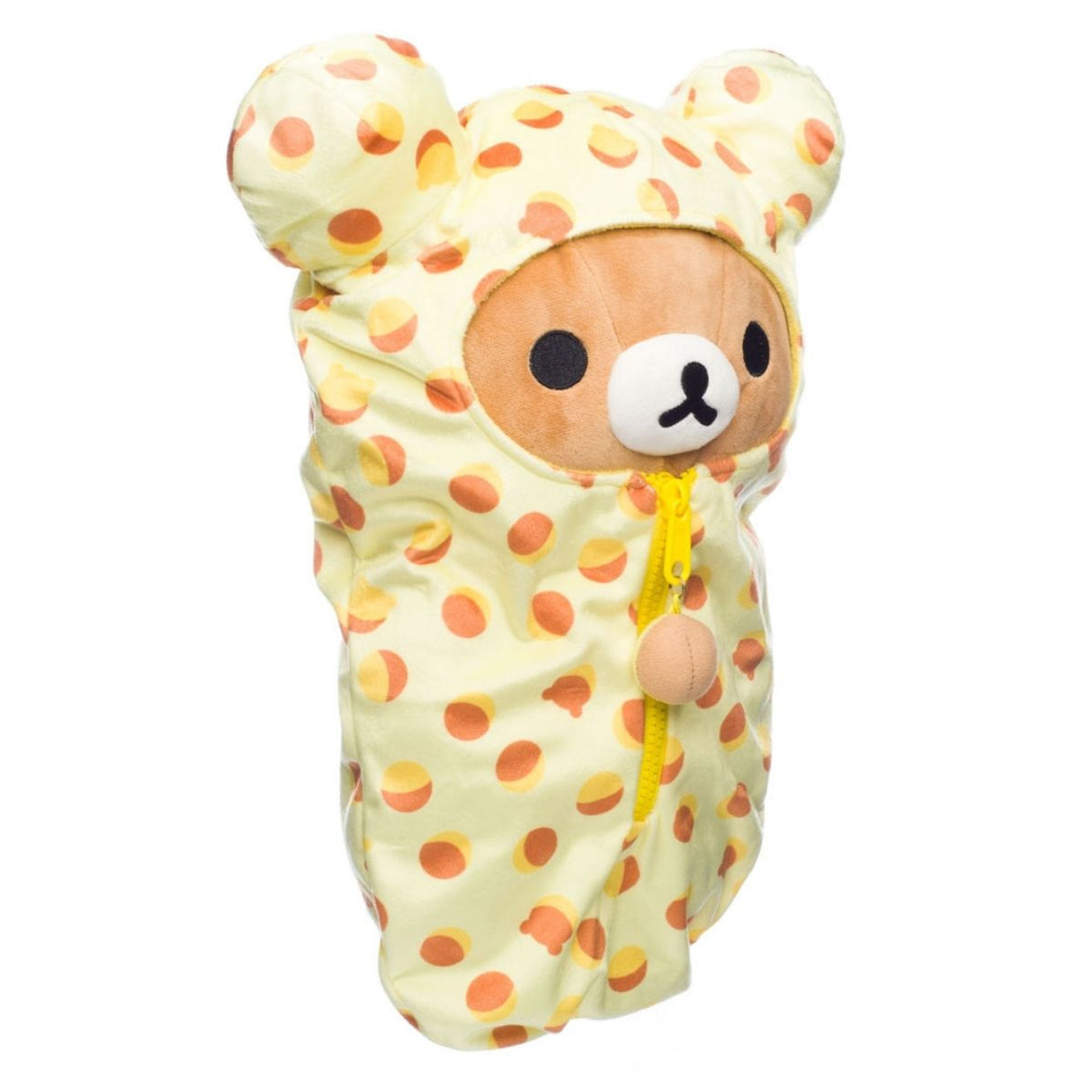 Rilakkuma Plüschfigur in einem gelben Strampler mit orangefarbenen Punkten
