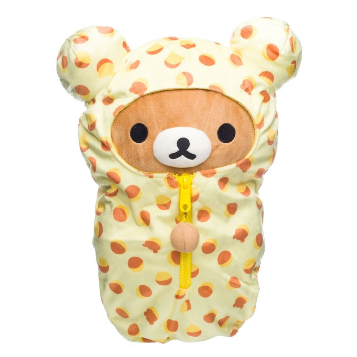 Rilakkuma Plüschfigur in einem gelben Anzug mit braunen Punkten