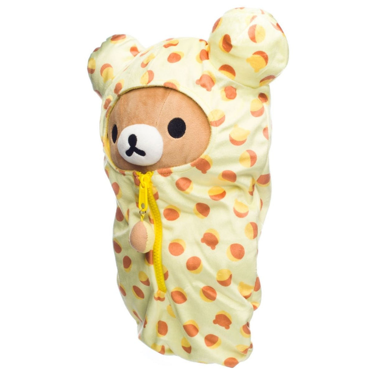 Rilakkuma Plüschfigur in einem gelben Schlafanzug mit braunen Punkten