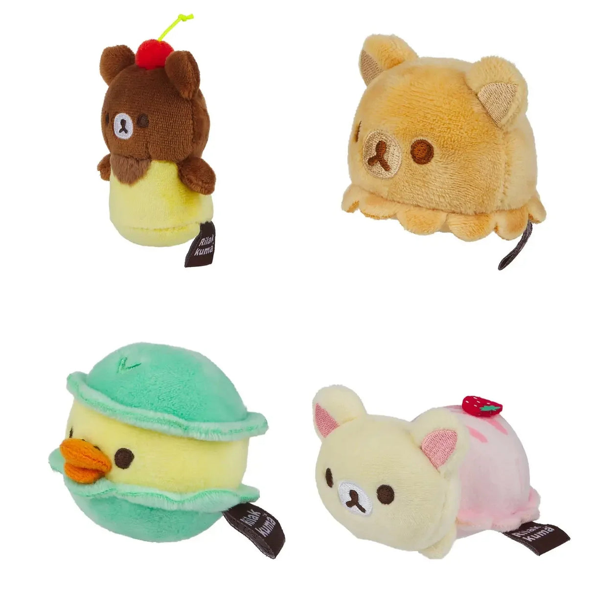 Vier Plüschtiere in Form von Eiscreme und Desserts, darunter Bären und eine Ente