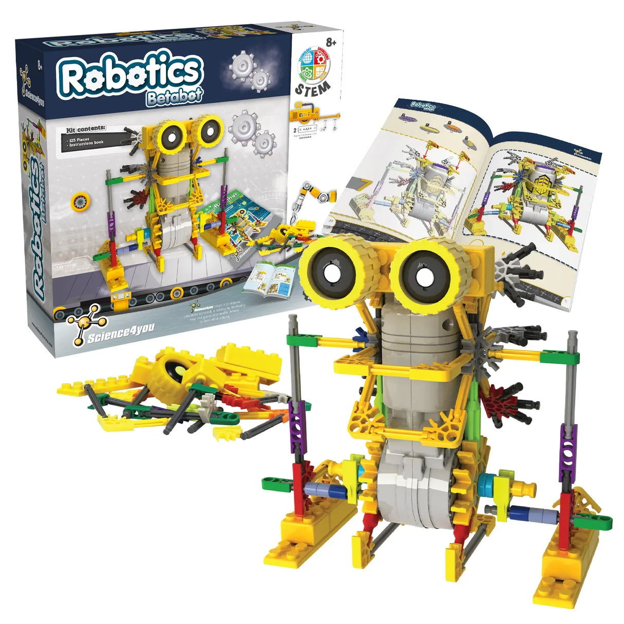 Robotics Betabot Bausatz mit gelbem Roboter, Anleitung und Verpackung