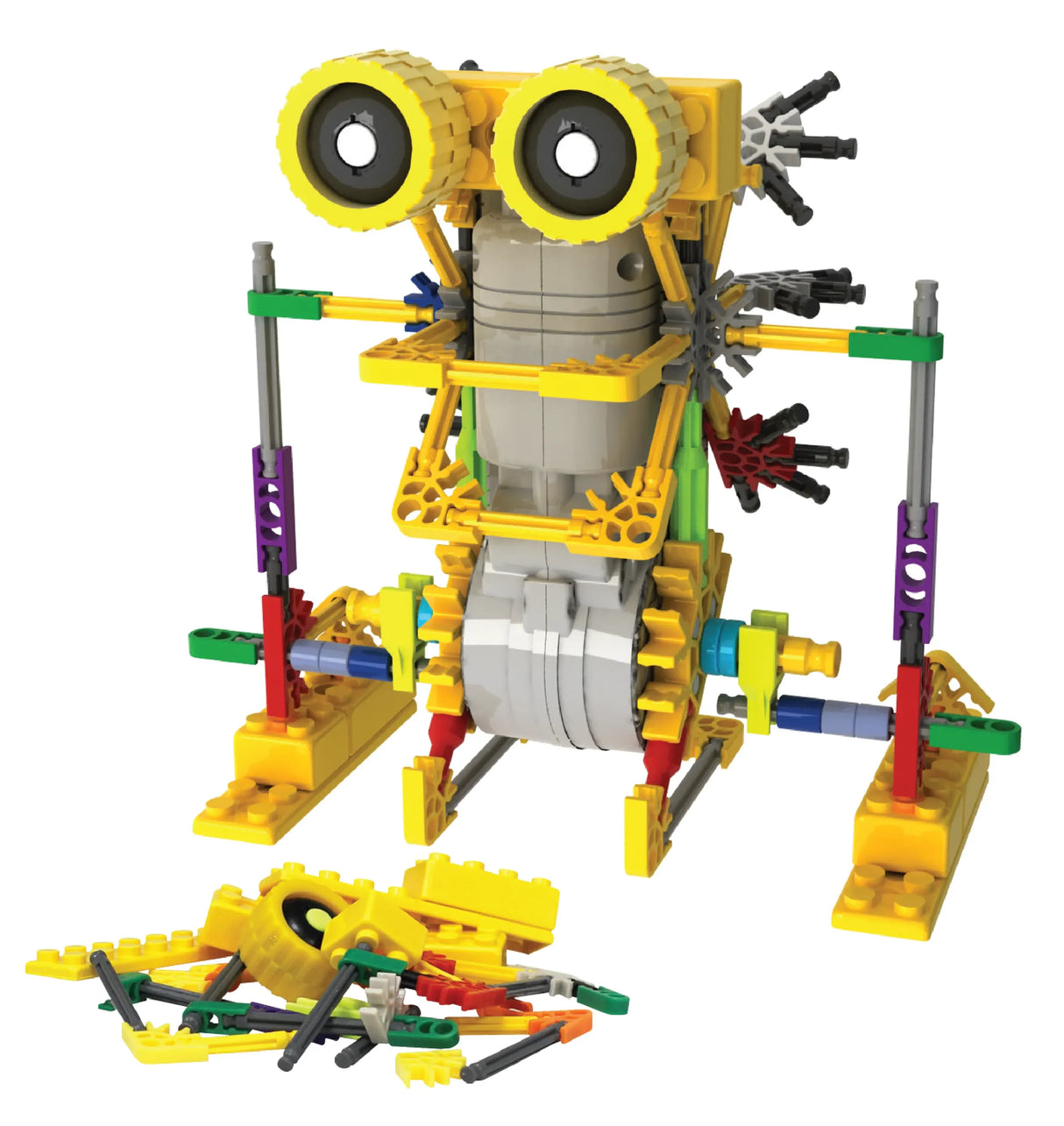 Ein gelber K'nex Roboter mit großen Augen und Beinen, daneben ein Haufen K'nex Teile