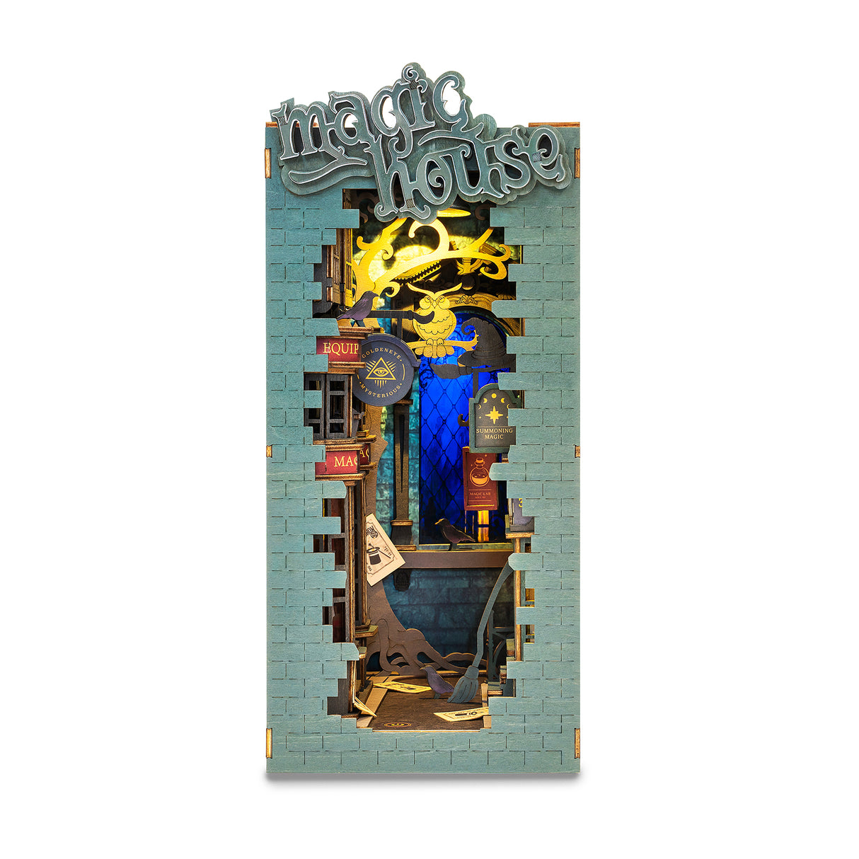 Magic House Buchstütze mit beleuchteter Miniaturkulisse und magischen Details