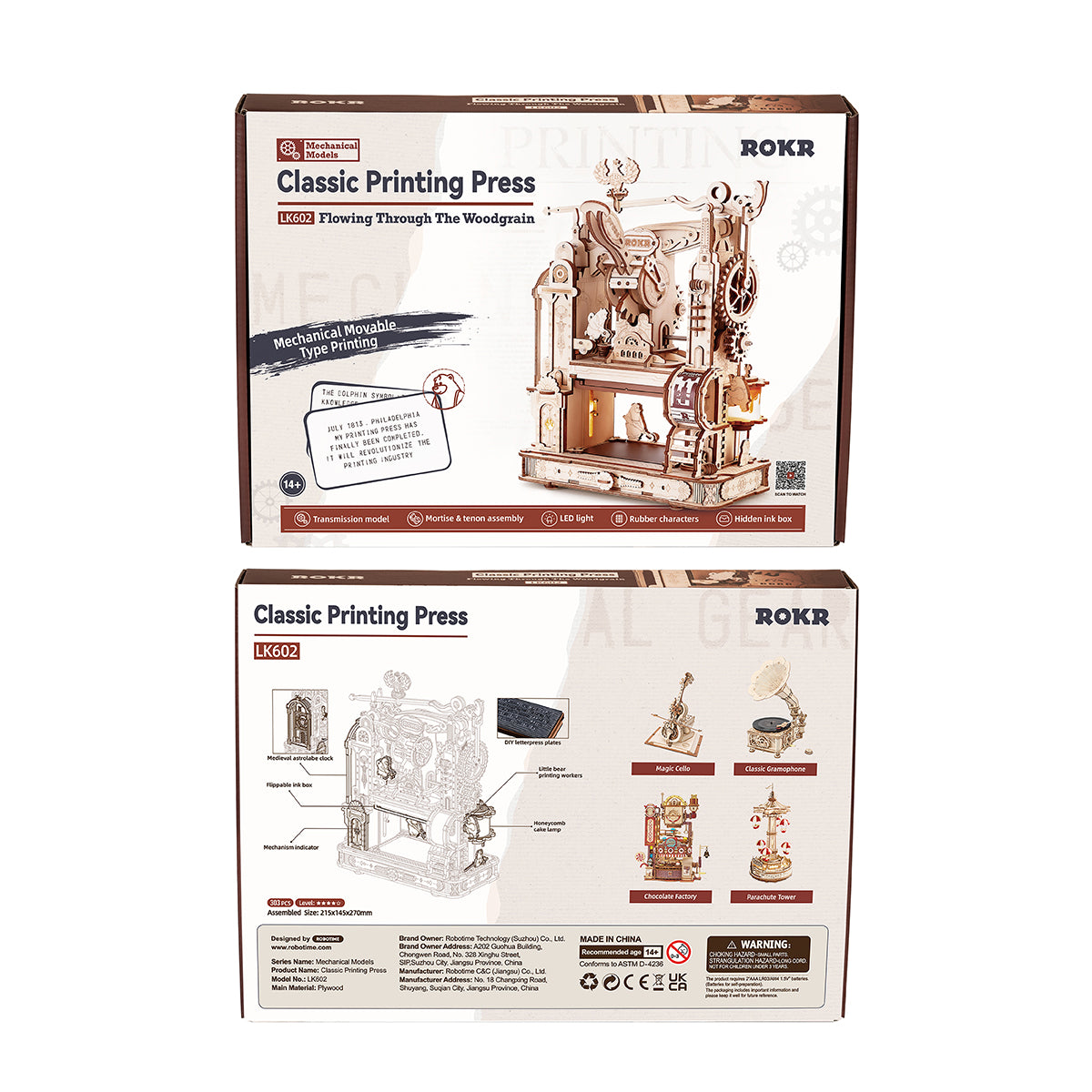 Verpackung der ROKR mechanischen Buchdruckpresse aus Holz mit Modellabbildungen und technischen Details