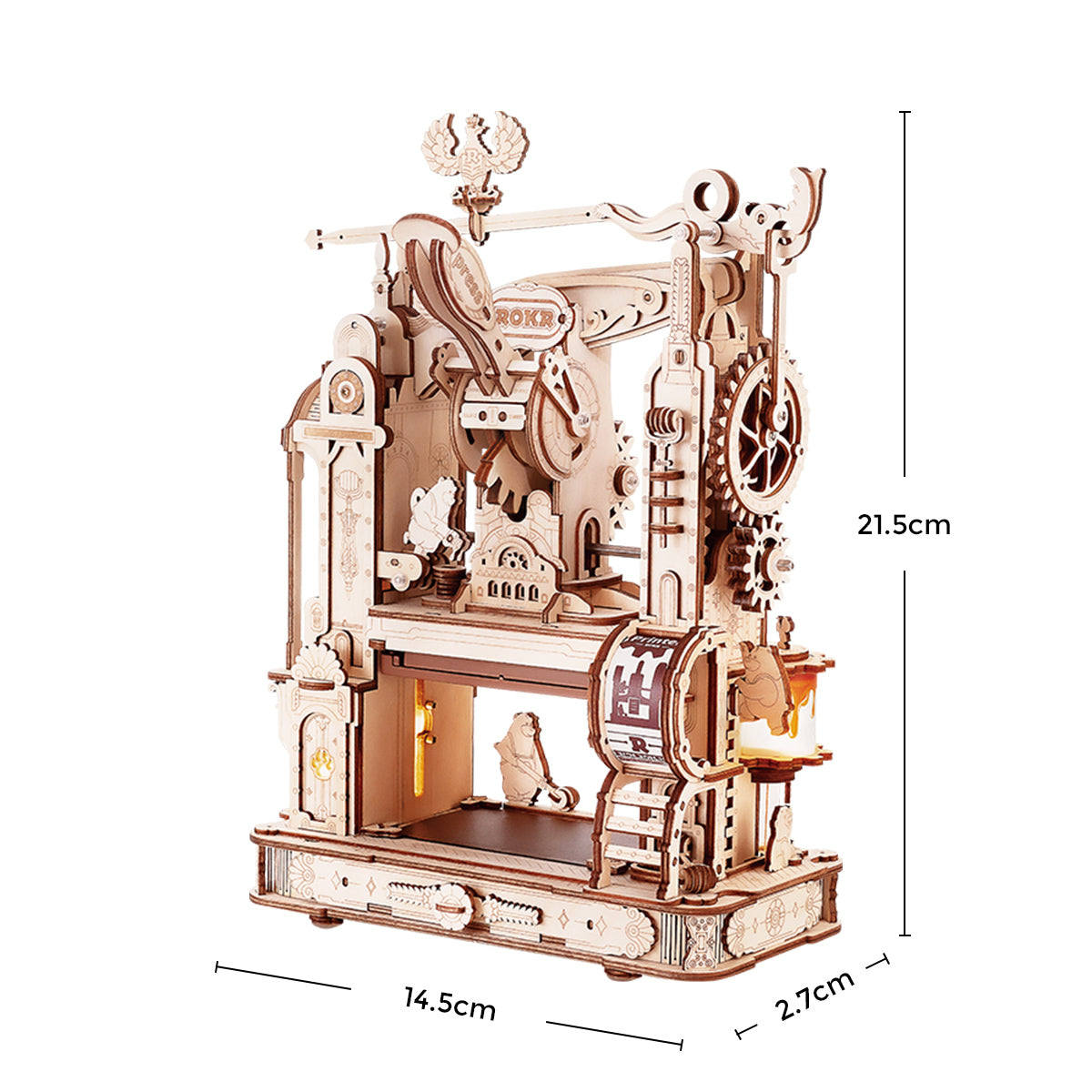 Mechanisches Holzmodell einer Druckerpresse mit Maßangaben