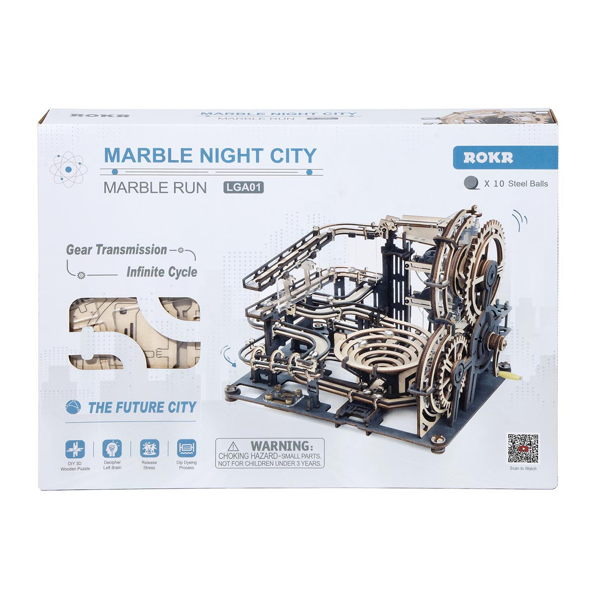 Verpackung eines ROKR Marble Night City Holzbausatzes mit Kugelbahn