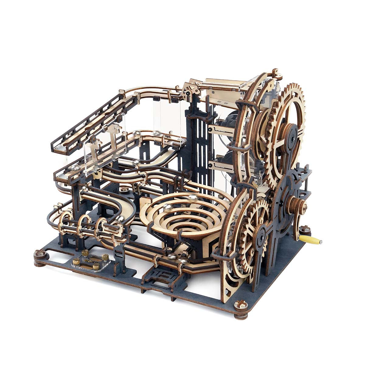 Mechanische Kugelbahn aus Holz mit Zahnrädern und Trichter