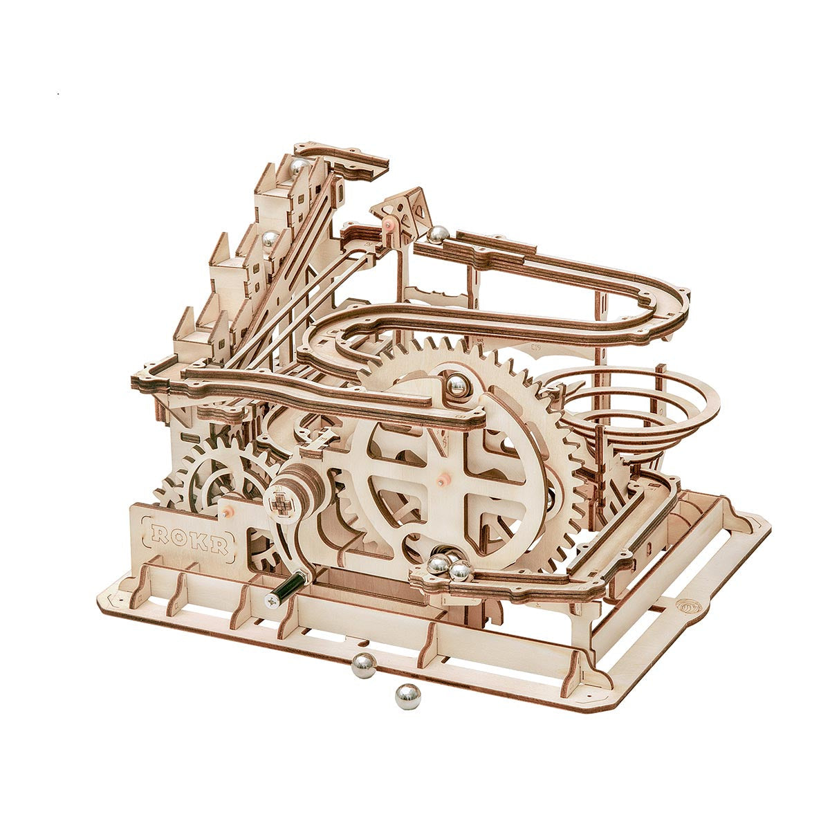Mechanische Kugelbahn aus Holz mit Zahnrädern und Metallkugeln