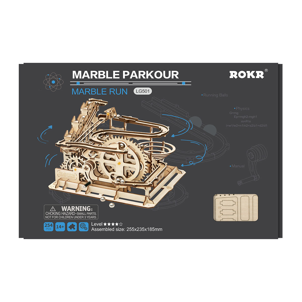 Verpackung der Rokr Murmelbahn aus Holz mit technischer Zeichnung und Produktinformationen