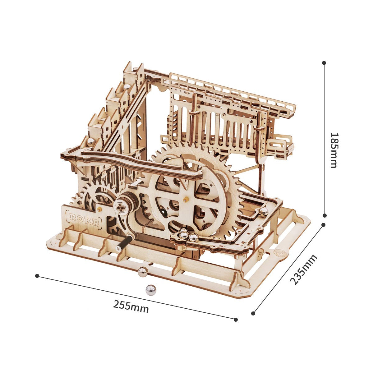 Holzmodell einer Kugelbahn mit Maßangaben in Millimetern
