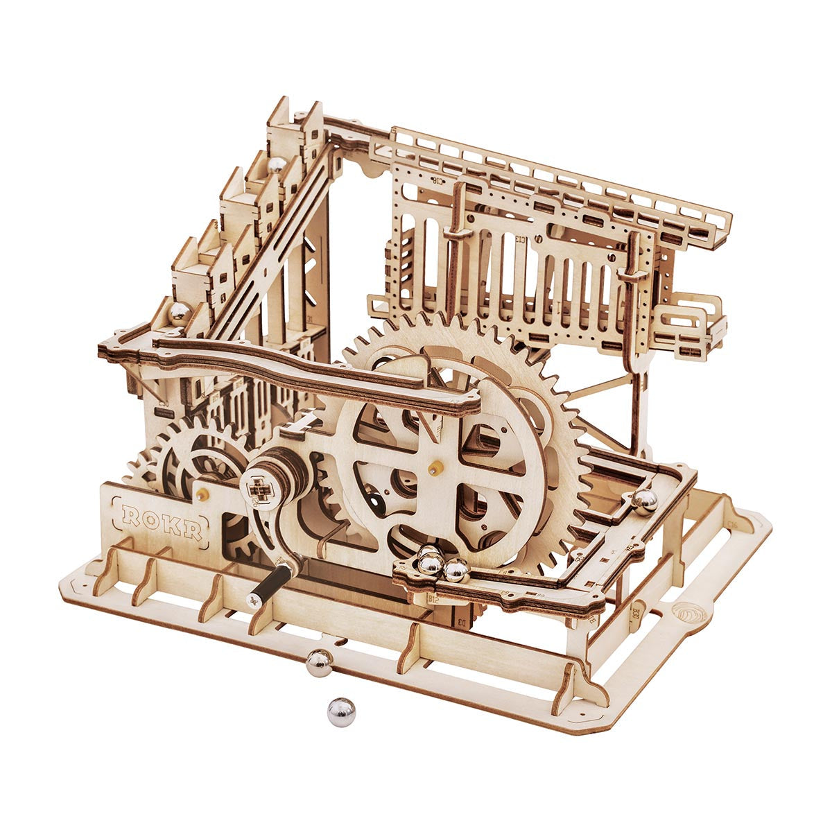 Mechanische Kugelbahn aus Holz mit Zahnrädern und Kurbel