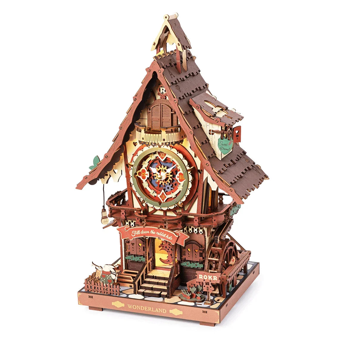 Hölzernes 3D-Puzzle-Modell eines Kuckucksuhrhauses mit Zahnrädern und einem Schild mit der Aufschrift Wonderland